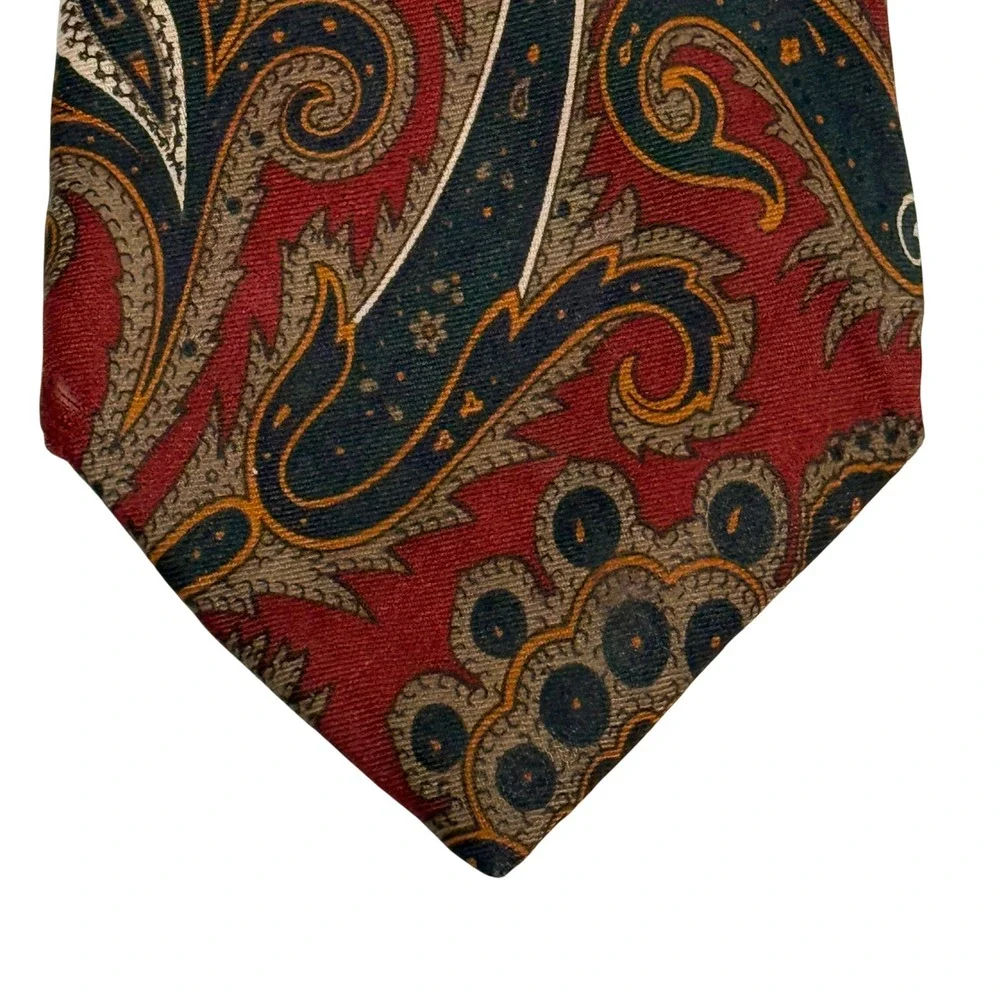 Lands' End Paisley Necktie Classic Wide Silk Blend Burgundy Navy Gold Mens Tie